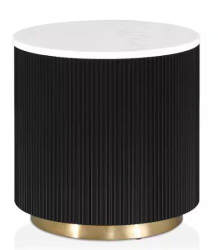 Furniture of America Keith 19.5 in. Black and White Round Marble Top End Table with Gold Accent Reeded Plinth Base