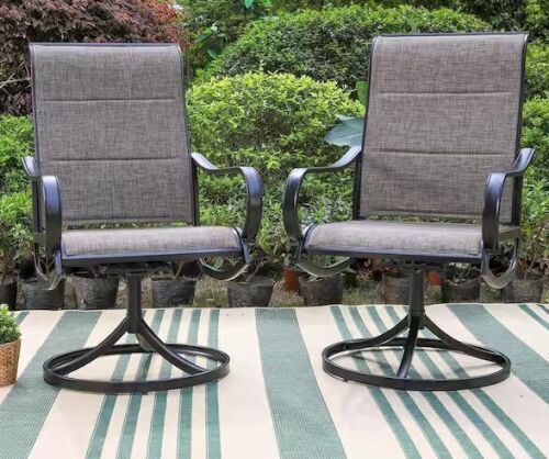 Black Swivel Padded Textilene Metal Outdoor Dining Chair with Curve Arms (2-Pack)