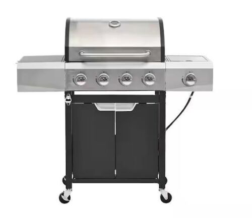 4-Burner Propane Gas Grill in Stainless Steel with Side Burner, Condiment Rack and Built-in Thermometer - Dented
