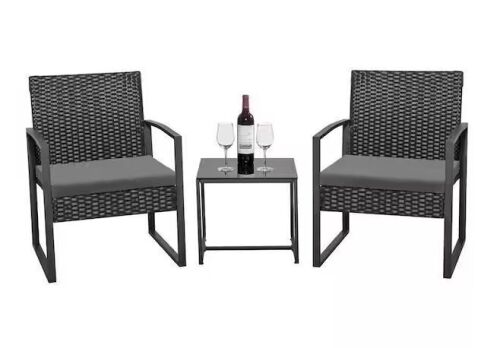 Black 3-Piece Steel Outdoor Wicker Patio Furniture Set with Gray Cushion