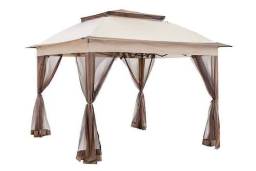 Beige Steel Portable Pop-Up Gazebo with Mosquito Netting 11' x 11'