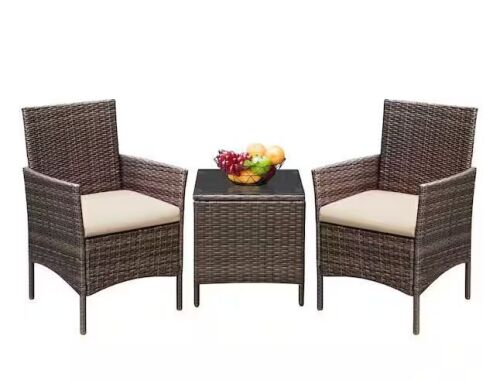 Brown 3-Pieces Patio Furniture PE Rattan Outdoor Conversation Set w/Table