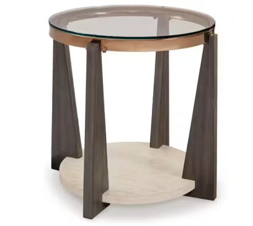 Signature DESIGN BY ASHLEY Frazwa 24 in. Brown Round Glass End Table with Shelves