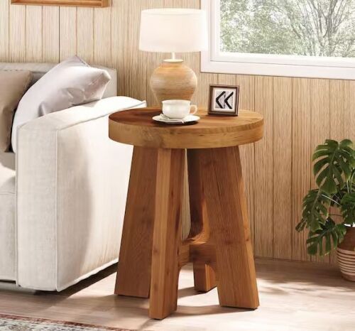 BYBLIGHT Kerlin 19.69 in. Vintage Brown Round Wood End Table with Heavy-Duty Legs