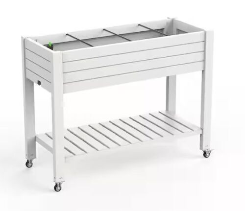 Off-White Resin Self-Watering Outdoor Elevated Raised Garden Bed with Wheels and Lower Storage Shelf