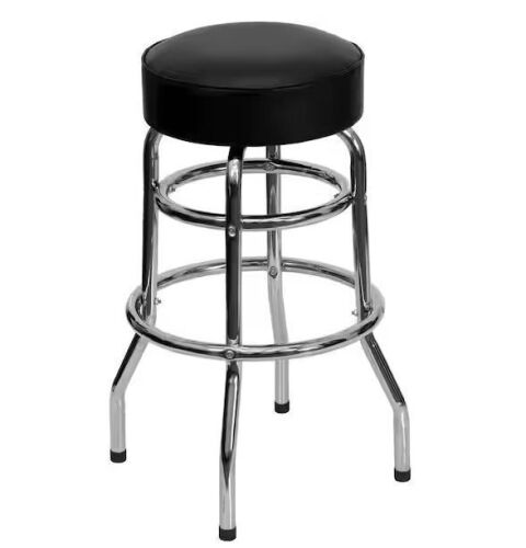Flash Furniture Bruno 30 in. Black Backless Metal Bar Stool with Vinyl Seat Double Ring Chrome