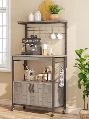 Bestier Wash Grey 31.5 in. W 3-Tier Metal and Wood Baker's Rack with Storage Cabinet and Adjustable Feet