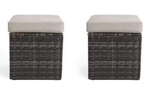 2-Piece Gray-Brown Wicker Rattan Outdoor Ottoman with Khaki Cushion