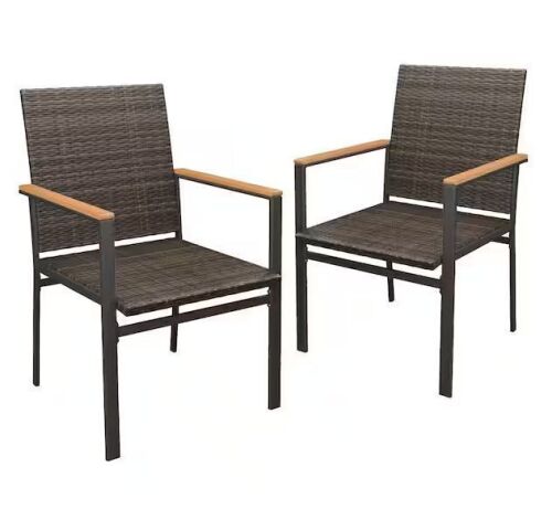 Brown Wicker Patio Dining Chairs with Black Frame, Set of 2