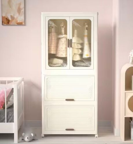 Cream White Polypropylene 22.44 in. Armoire with Magnetic Doors, Hanging Rod, 4-Storage Cubes and Hangers