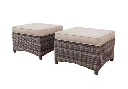 Wicker Outdoor Patio Ottoman with Beige Cushions (Set of 2)