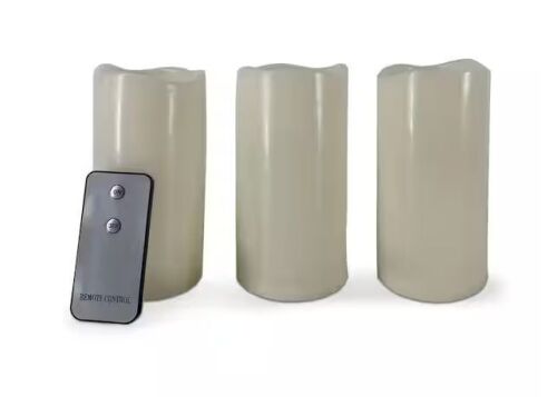Hampton Bay 3 Pack 3 in. x 6 in. Bisque Color Resin Indoor/Outdoor Candle with Soft Glow Flicker and ON/OFF Remote Control.