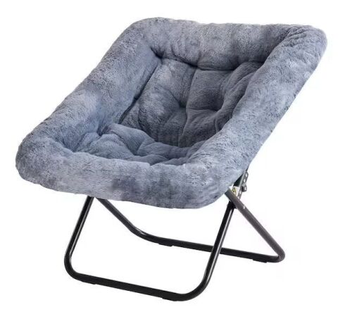 Comfy Grey Soft Faux Fur Saucer Moon Chair Folding Accent Chair with Thick Padded Seat & Metal Frame