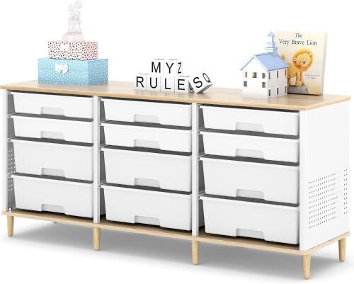 Storage Cabinet with 12 Drawers and Wooden Top