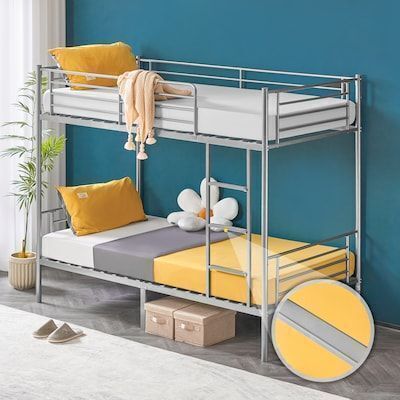 VINGLI 42W x 78D x 71H Twin Over Twin Metal Bunk Bed Frame with Flat Ladder Rungs Gray