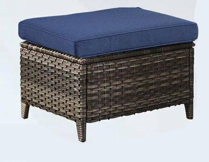 Gray Wicker Patio Ottomans with Navy Cushions, 2 Pack