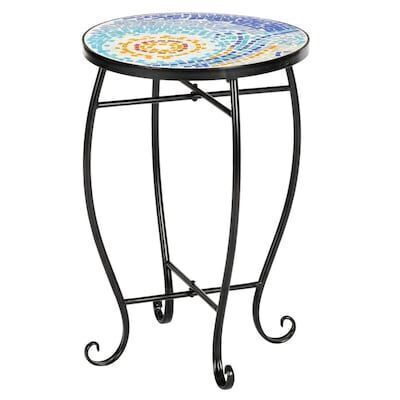 VINGLI 14W x 21H Mosaic Print Accent Table with Metal Cobalt Glass Top