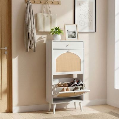 Rattan Panel 1 Drawer 2 Flip Drawer Shoe Cabinet Particleboard 21.26 W