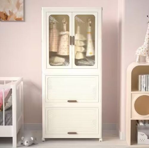 Cream White Polypropylene 22.44 in. Armoire with Magnetic Doors, Hanging Rod, 4-Storage Cubes and Hangers