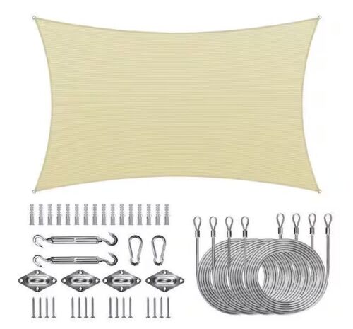 COLOURTREE 12 ft. x 20 ft. 190 GSM Beige Rectangle Sun Shade Sail with Rectangle Installation Kit Plus Cable Wire Ropes