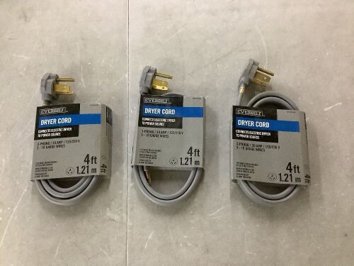 Lot of (3) Everbilt 4 ft. 30 Amp Dryer Cord 3-Prong