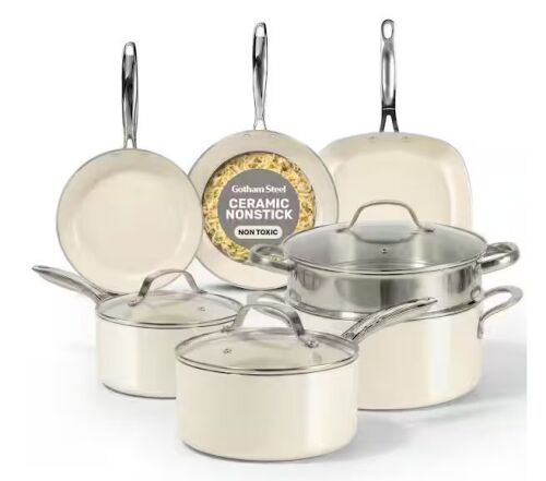 Gotham Steel Natural Collection 12-Piece Aluminum Ultra Nonstick Cookware Set Ceramic Pots and Pans Set in Cream