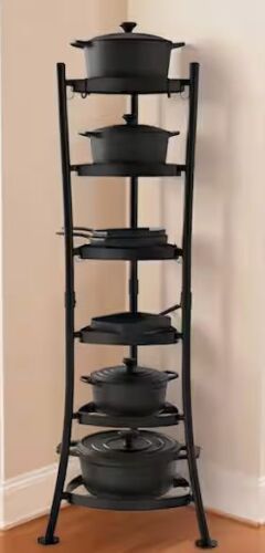 KES Solid Metal 6-Tier Freestanding Pot Rack with 6 Hooks, 264 lbs. Capacity, Black Finish