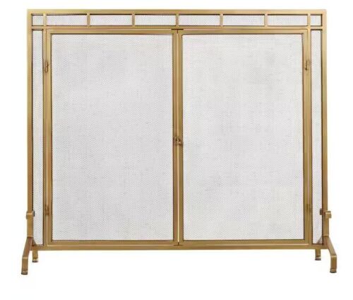 Litton Lane Gold Metal Geometric Single-Panel Fireplace Screen with Latched Doors and Arched Feet