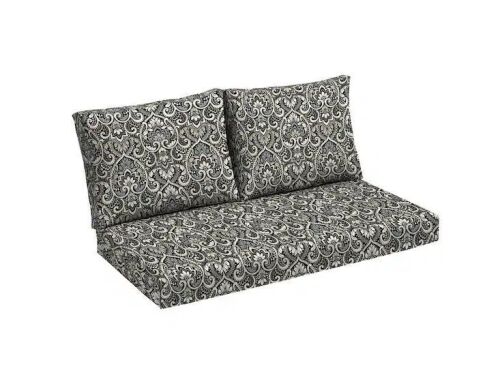 ARDEN 48 in. x 18 in. 3-Piece Outdoor Loveseat Cushion, Black Aurora Damask