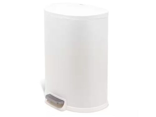 13 Gal. Matte White Stainless Steel Kitchen Trashcan, Step-on, D Shape