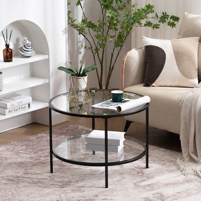 VINGLI 25.6-in W Round Glass Coffee Table with 2 Tier Black