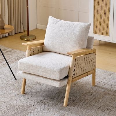 Rattan Woven Rubberwood Wide Arm Indoor Lounge Chair Chenille Upholstered