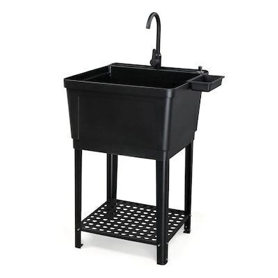 Plastic Utility Sink Freestanding With Storage Shelf in Black