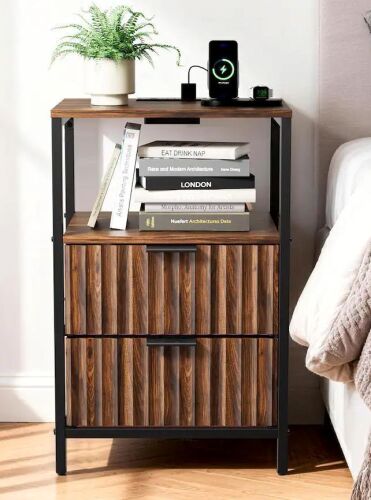 Fluted Style Nightstand with Charging Station, 2 Fabric Drawers