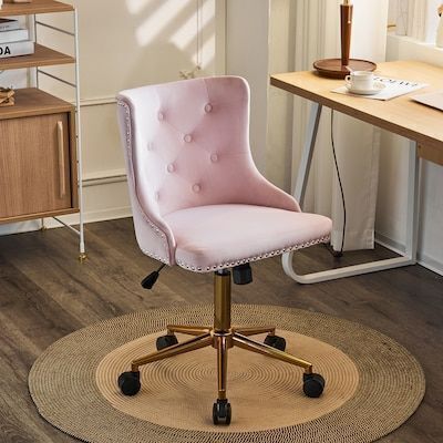 VINGLI 23W x 40H Light Pink Velvet Swivel Upholstered Armless Office Desk Chair with Gold Base