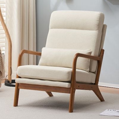 High Back Solid Wood Armrest Backrest Iron Frame Linen Indoor Leisure Chair