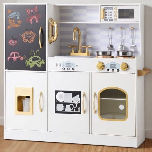COCLUB Wooden Kids Kitchen Playset with Chalkboard, Ice Maker, Play Phone, Cookware Accessories, Microwave