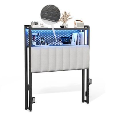 VINGLI Twin Size Headboard with 2 Tier Shelves Pegboard Charging Stations and LED Lights Black Frame and Gray Back