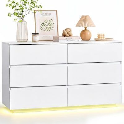 47.24 Inch Handleless 6 Drawer Dresser High Gloss White PET Cabinet with USB RGB Light