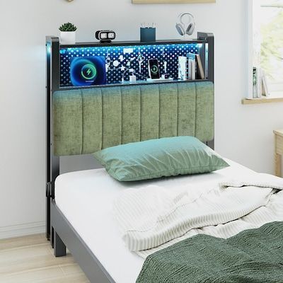 VINGLI Twin Size Upholstered Headboard with Charging Stations and LED Lights 2 Tier Shelves and Pegboard Sage Green