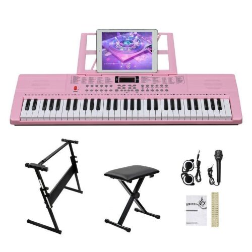 61 Keys Keyboard Piano with Stand, Bench, Built In Speakers for Beginners, Pink