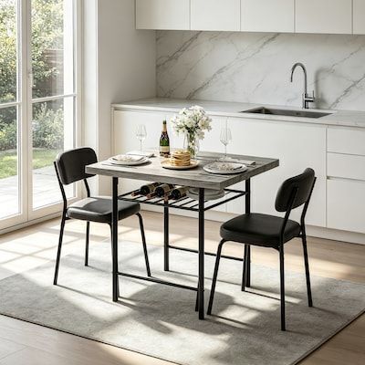 3-Piece Industrial Dining Kitchen Table Set for 2 with Storage Shelf and PU Upholstered Chairs