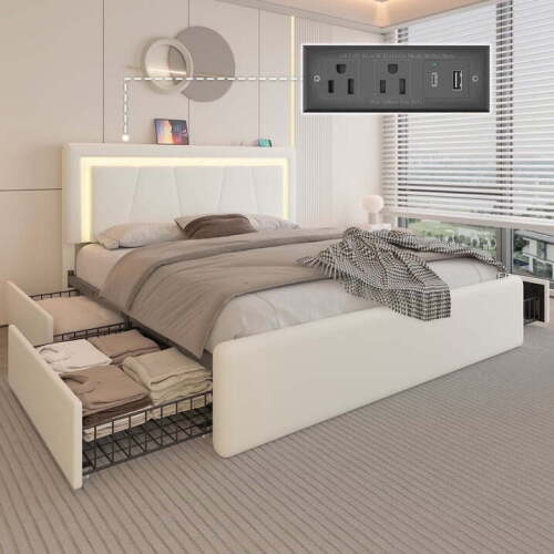 E-Motie Queen Size Bed Frame with 4 Storage Drawers and LED Lights, Upholstered Platform Bed with Adjustable Headboard and Charging Station, Metal Slats Support, White