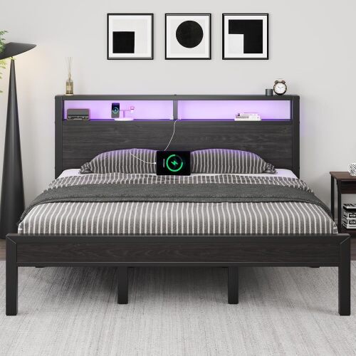LOEWAY King Size Bed Frame with Storage Headboard and LED Lights, Black