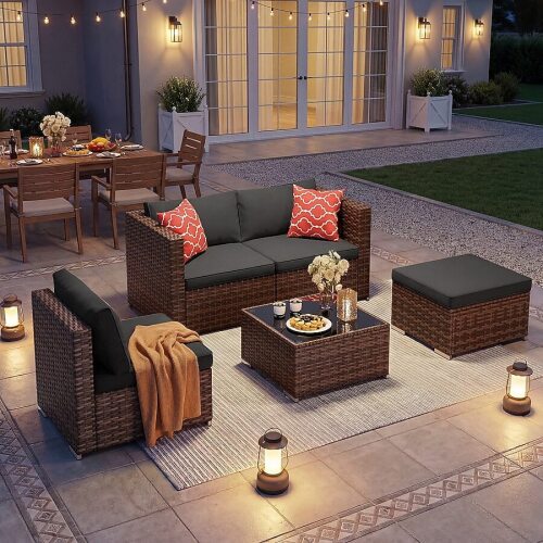 Lofka 5-Piece Patio Furniture Set All Weather Wicker Outdoor Conversation Set with Removable Cushions Tempered Glass Table 2 Pillows - Black