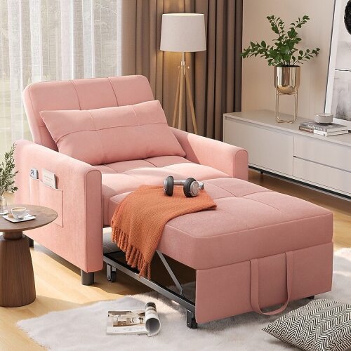 Lofka 31-Inch Sleeper Sofa Chair with Bed 3-in-1 Convertible Sofa Bed in Modern Linen Fabric for Apartment Living Room Study - Pink