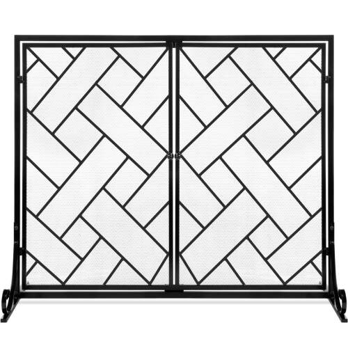 2-Panel Wrought Iron Geometric Fireplace Screen w/ Magnetic Doors - 44x33in