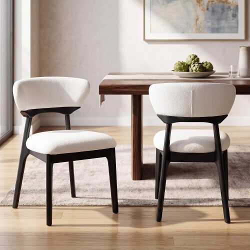 Wooden Dining Chairs Set of 2, Mid-Century Modern Upholstered Chenille Kitchen Chairs with Ergonomic Curved Back, Solid Rubberwood Legs, Accent Side Chairs