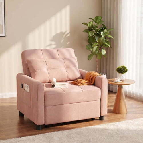 Sleeper Sofa, Lofka 3 in 1 Convertible Single Sofa Bed with Pull Out Couch for Living Room, Apartment, Pink