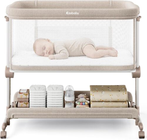 Ezebaby Baby Bassinets Bedside Sleeper, Portable Bedside Bassinet for Baby Newborn Infants with Adjustable 7 Heights and All Mesh Sides, Newborn Crib with Mattress and Soft, Breathable Sheet
